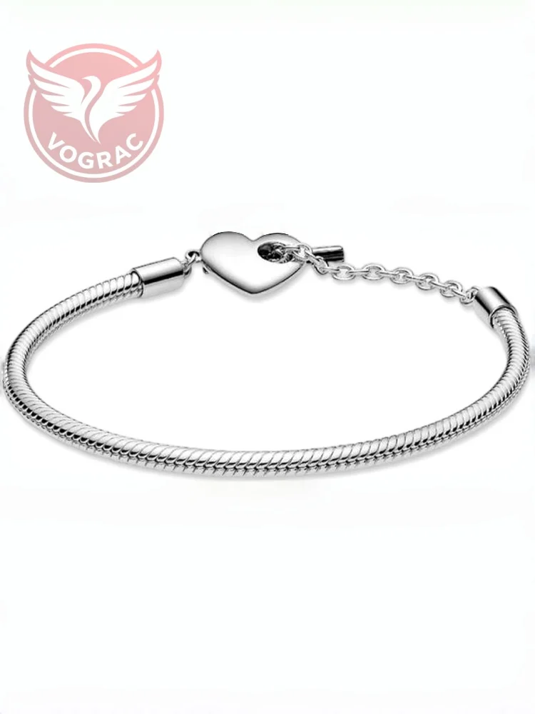 VOGRAC SIlver Heart T-Bar Snake Chain Bracelet Compatible wi
