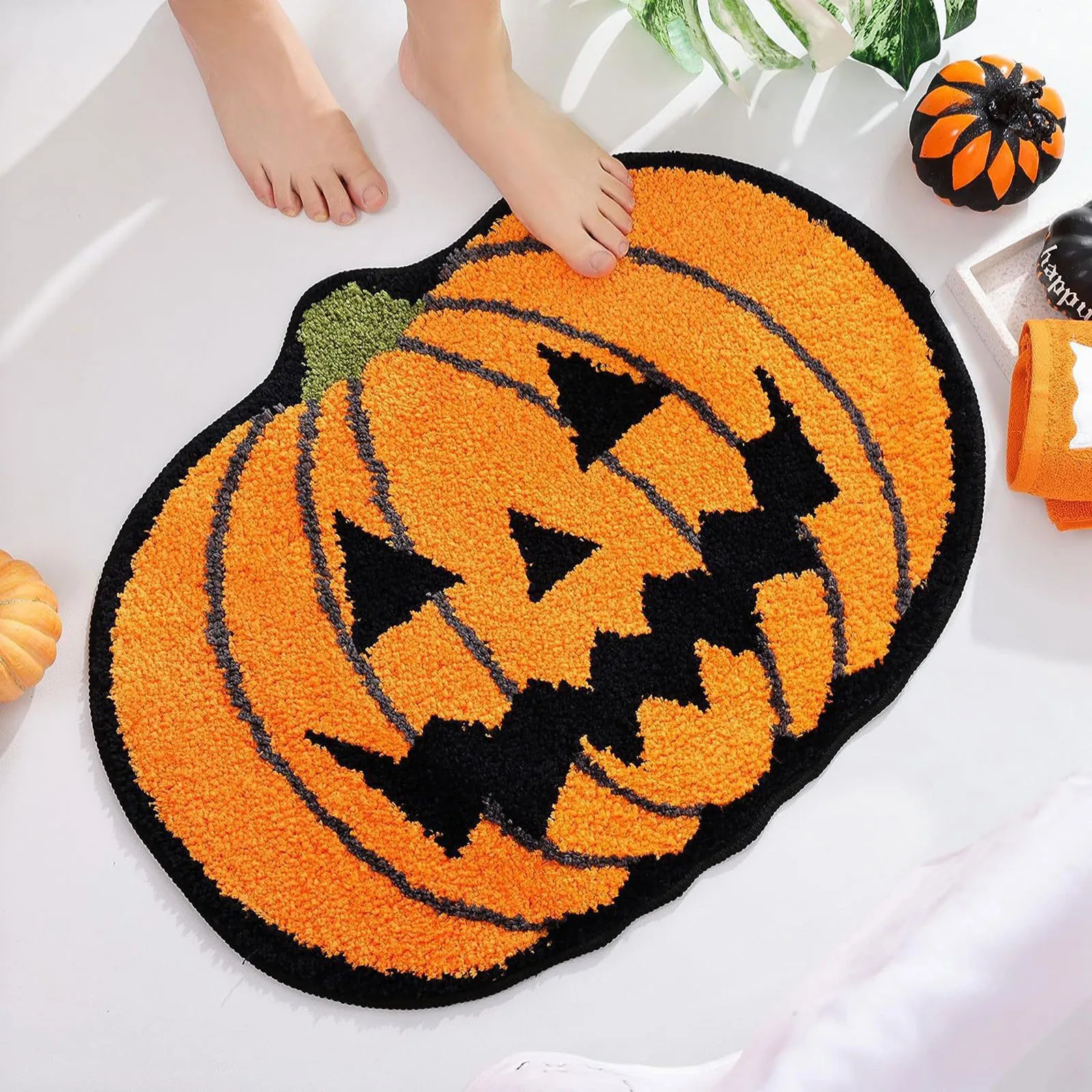 Halloween Pumpkin Evil Red Lips Bathroom Mat Slippery Halloween Imitation Cashmere Floor Mat Absorbent Tub Dark Blanket