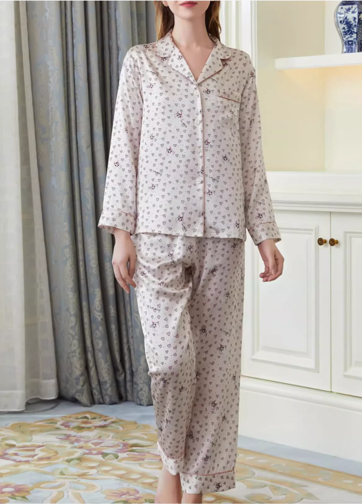 100% Mulberry Silk Pajamas Set Long Sleeve Sleepwear Women Button Down Nightwear Sets Print Loungewear Female Pyjamas Suits