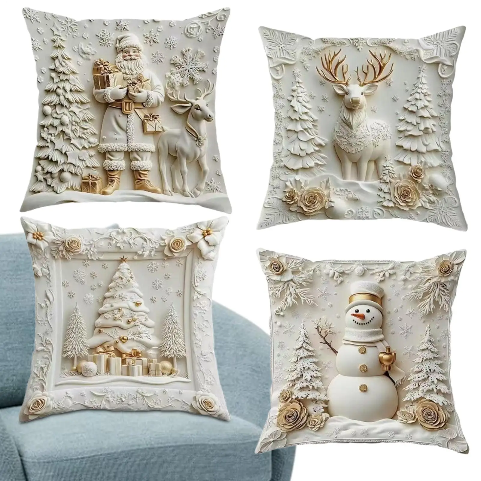 Christmas Themed Cushion Covers 18x18 Inch 4 Pieces Santa Claus Snowman Tree Reindeer Pattern Sofa Cushion Cover For Bedroom
