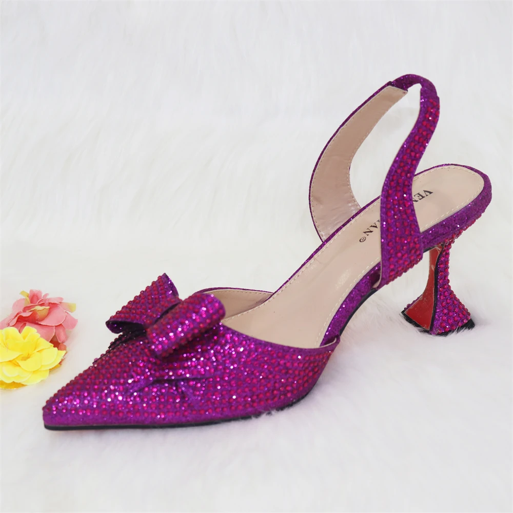 2023 New Arrivals Special Design Purple Color African Women Shoes and Bag Set Pointed Toe Pumps for Wedding Party