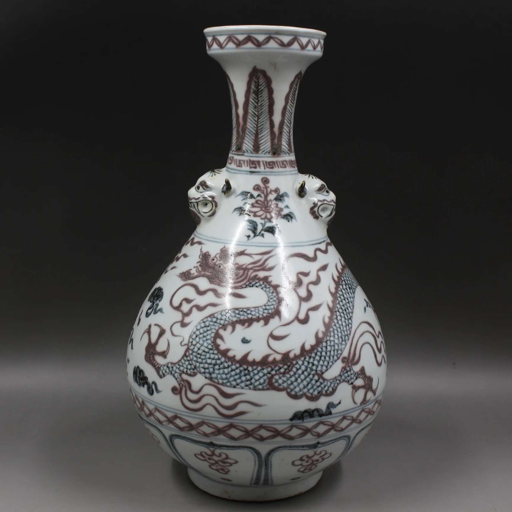 Jingdezhen Ceramic Vase Red White Table Flower Vase with Handles Bulb Vase Dragon Asian Decor Living Room Flower Vase