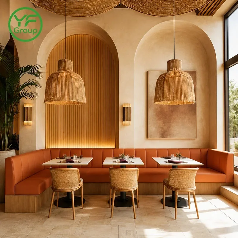 Commercial Use Corner Restaurant FurnitureTable Rattan Chair Set Cafe Hotel with Modern Wooden Velvet Booth Seating