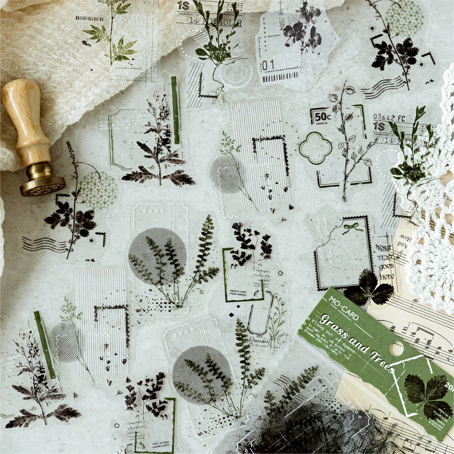 JIANQI 20pcs PET Transparent Hazy traces Stickers DIY Deco Scrapbooking Junk Journal Plants Flowers Sticker Stationery Supplies