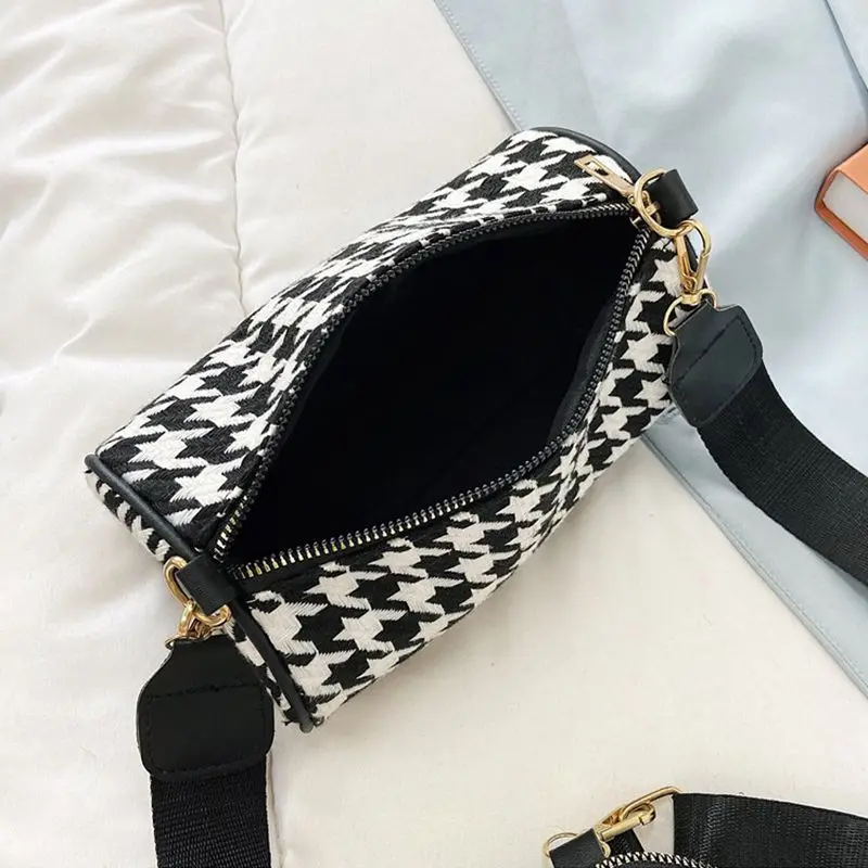 Fashion Houndstooth Plaid Printing Shoulder Bags With Mini Round Purse Women Casual Small Crossbody Bags 2pcs Composite Bags