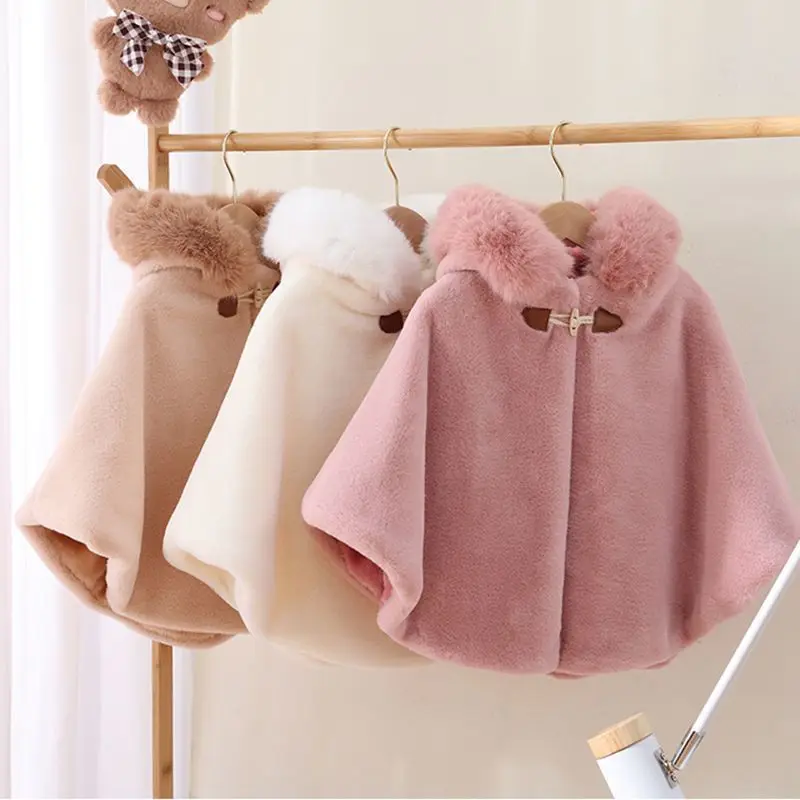 Imitation Fur Baby Girl Cloak Autumn Winter Solid Color Infant Toddler Fur Collar Hooded Cape For 1-7Y Kids Warm Outwear Top