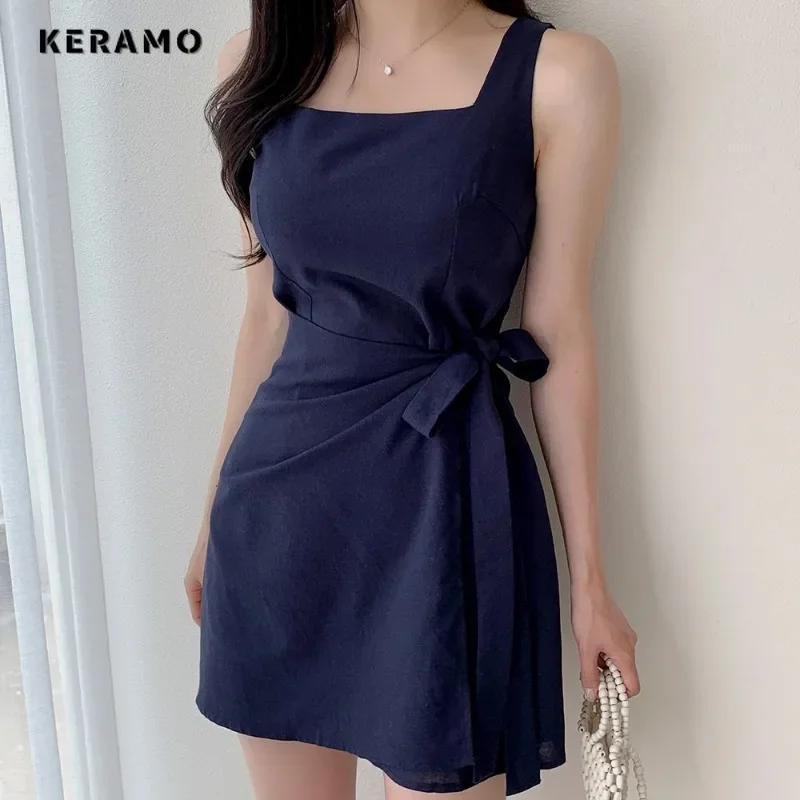 

Women Elegant Sleeveless Square Collar Slim Fit Lace-up Dresses 2024 Summer Lady Luxury Sheath Chiffon Thin Camisole Dress