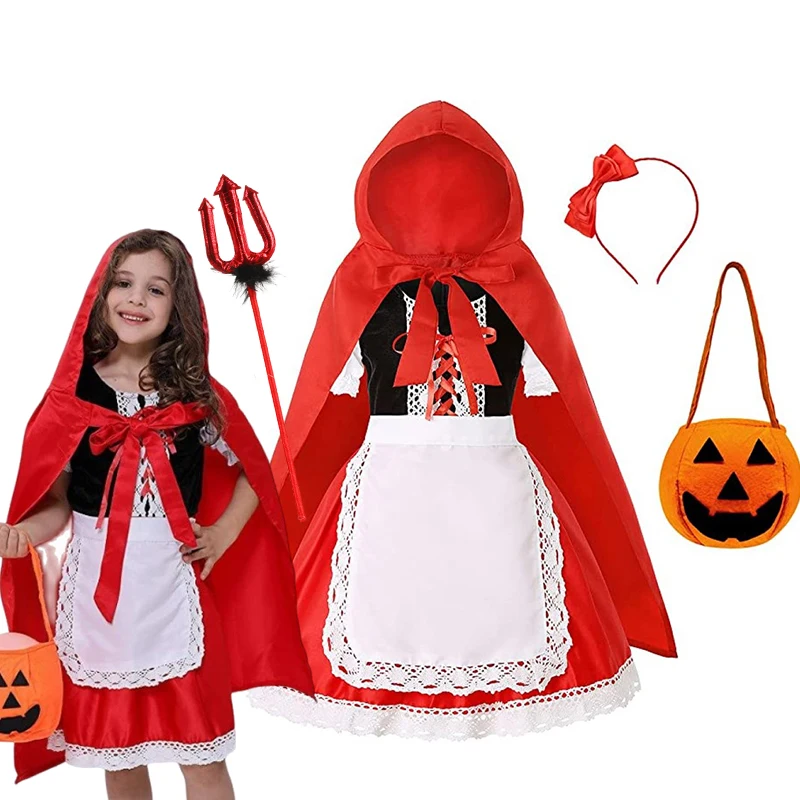 

Girls Halloween Cosplay Little Red Riding Hood Dress With Cloak Pumpkin Bag Kids Lace Flower Party Stage Show Clothing Outfits