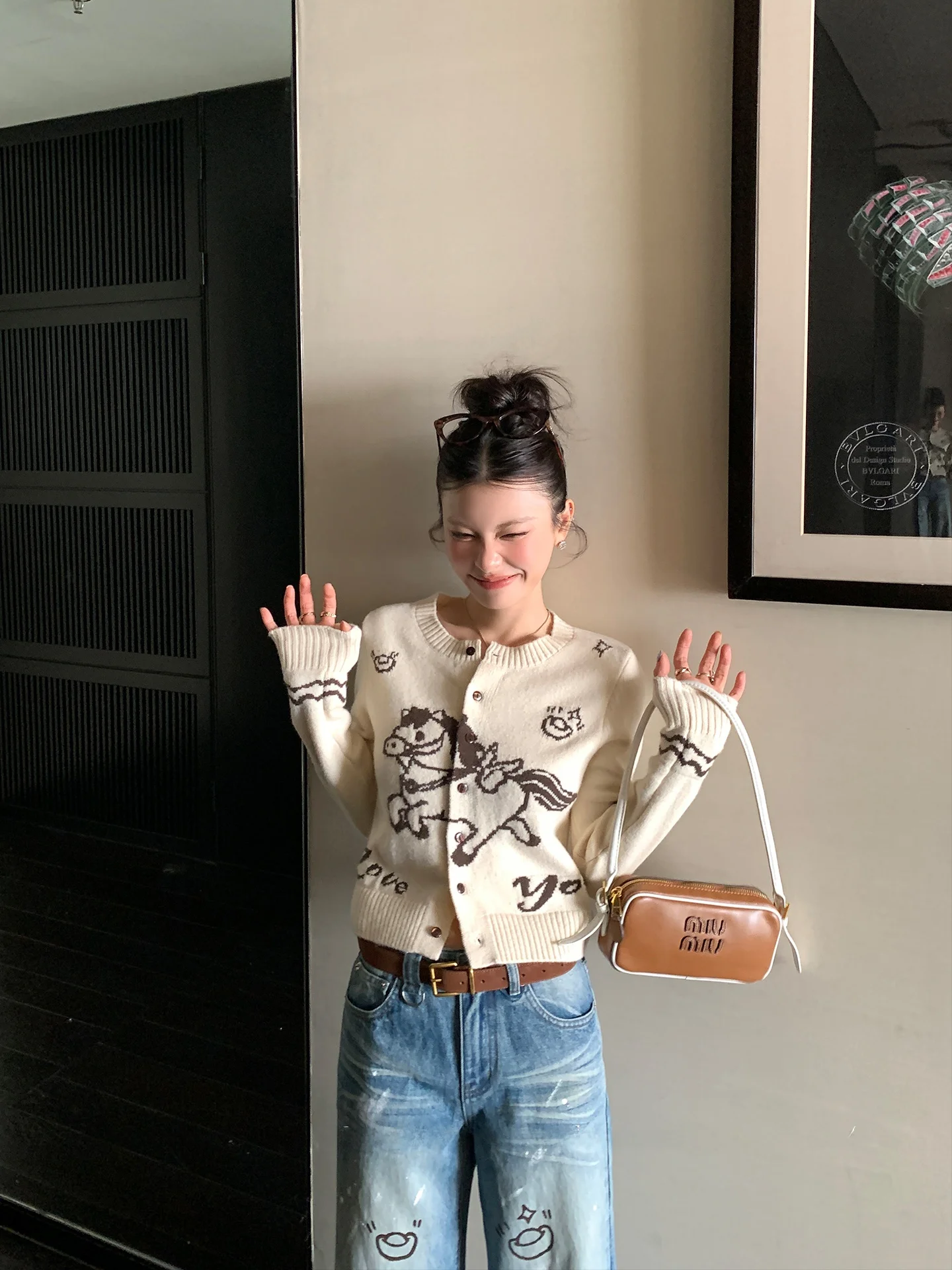 

LIONE Original Vintage round Ne Long Sve Knitted Cardigan Spring New Sle Soft Acrylic Polyester Nylon Cartoon Print Wo...