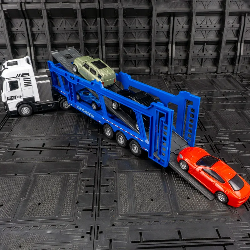 1/50 Double Decker Flatbed Transport Truck Alloy Diecast Car Model Toy with Sound Light Door Can Open Collection Gifts for Boy