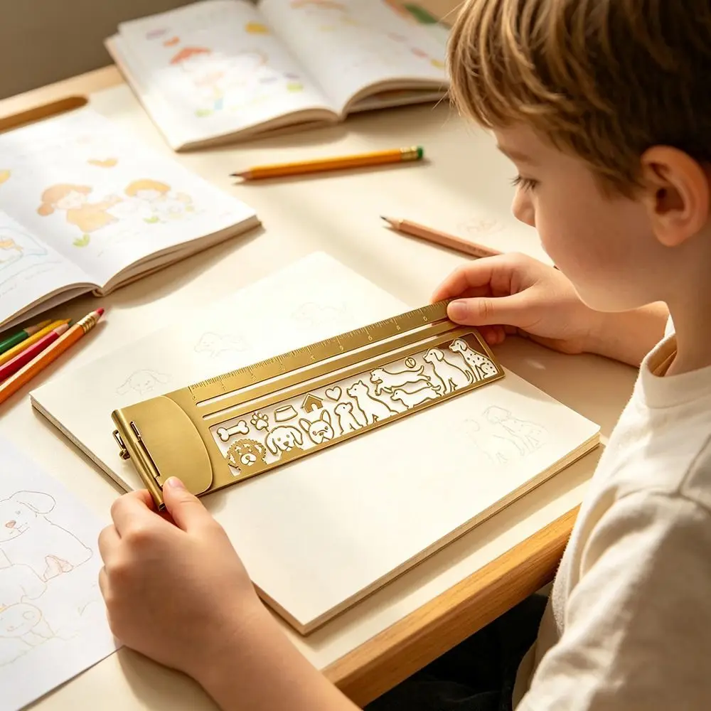 Cartoon Brass Bookmark Ruler Cute Patterns Hollow Stencil Straight Ruler Multi-functional Journal Decorative Ruler Kids Students