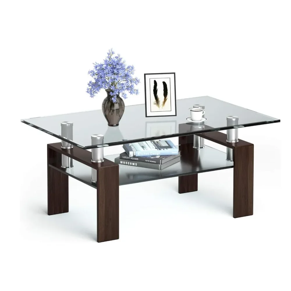 Rectangle Glass Coffee Table w/Lower Shelf, Tempered Glass Tabletop & Metal Legs, Suitable for Living Room Office