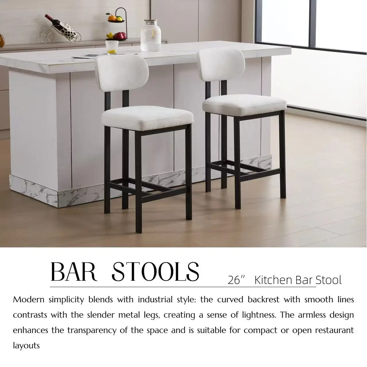 Hotels Dining and Kitchen Use Modern Home Bar Stools with Fabric Cushion Set of 2 Ergonomic Backrest Metal Legs