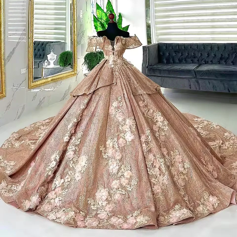 فساتين Quinceanera المنتفخة ثوب الكرة قبالة الكتف الأزهار سباركلي الحلو 16 فساتين 15 Años المكسيكي حسب الطلب