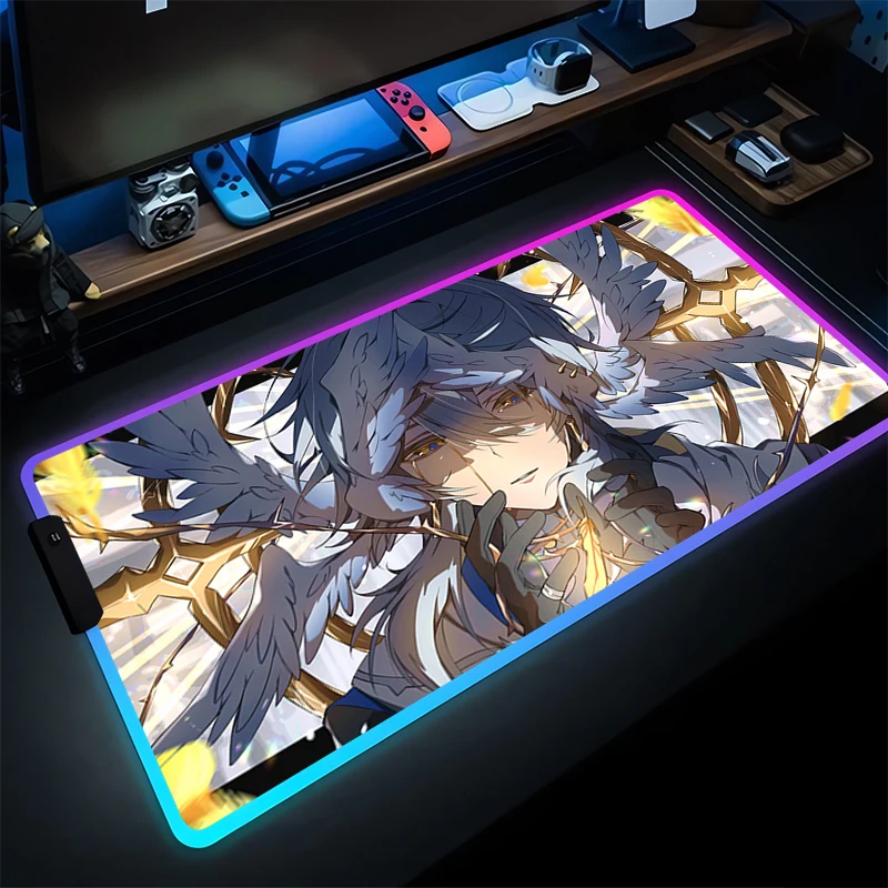 RGB Mouse Pad LED Gamer Desk Mat Komputer PC Anime Mousepad Honkai Star Rail Minggu HD Keyboard Pad Aksesoris Gaming Mousepad