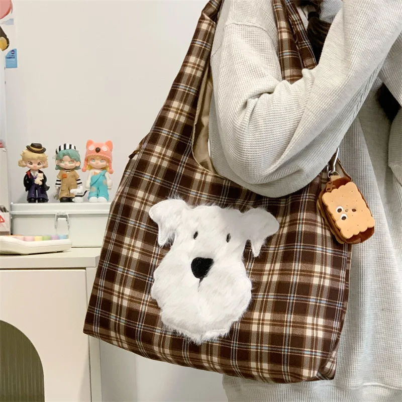 Women's Bag Cute Cartoon Embroidered Tote Bag Large Capacity Korean Version Checkered Student Single Shoulder Bag  Casual Wear