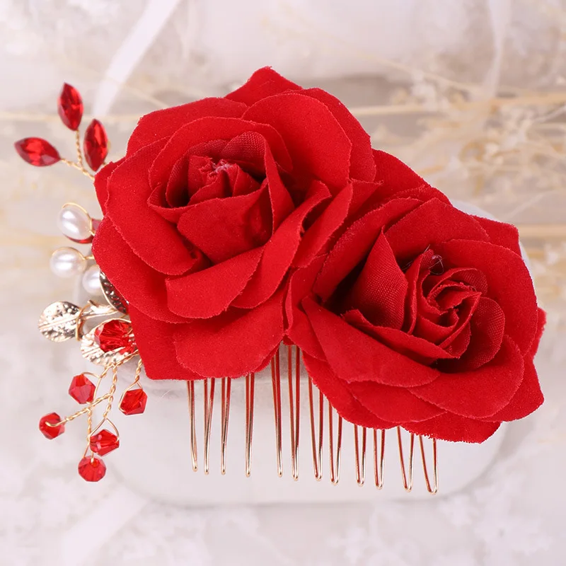 Red Rose Flowers Hair Combs Women Hair Jewelry Handmade Red Rhinestone Pearls Tiara For Wedding Bridal Hair Accessories