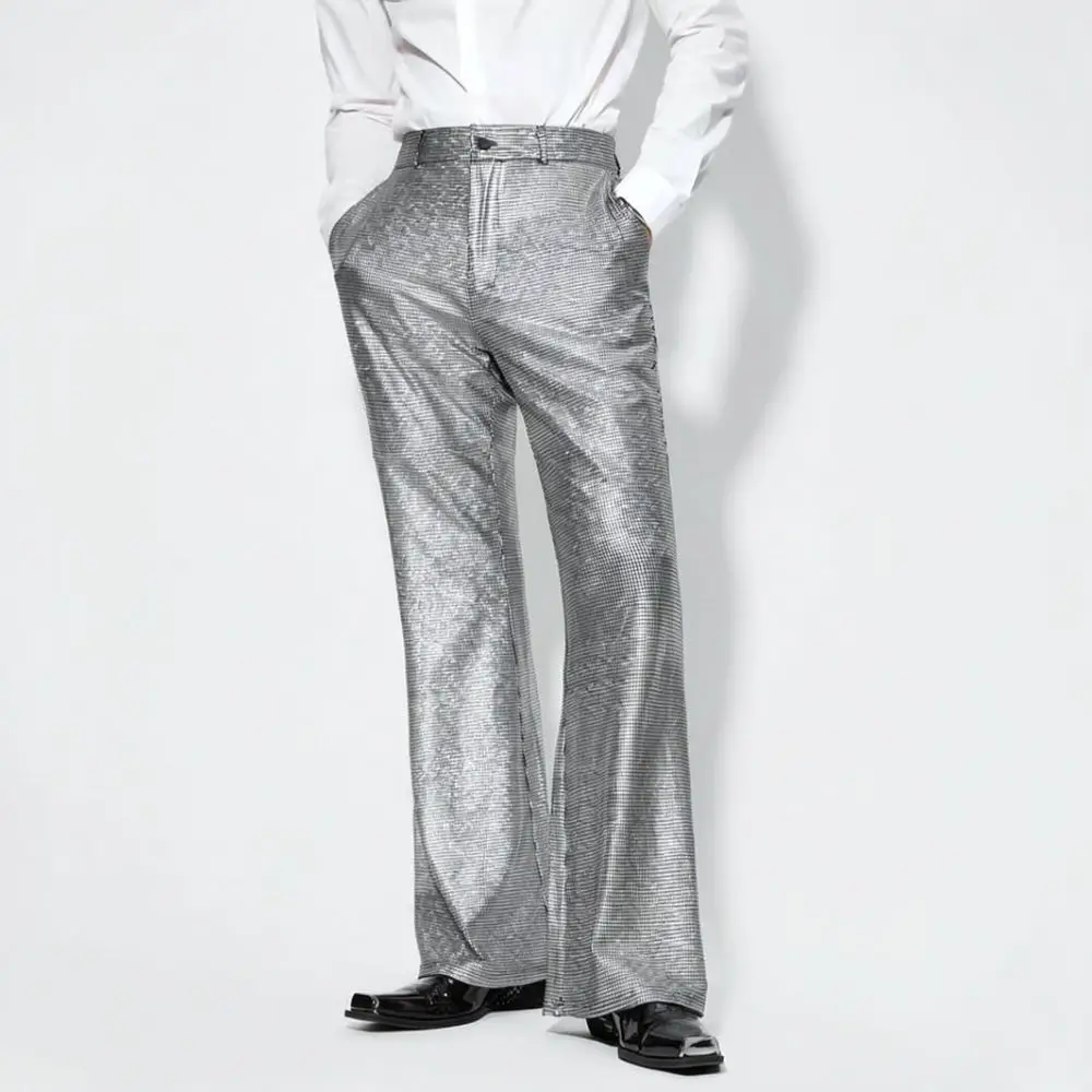 Mens Sequined Checkered Pants Mid Waist Straight Leg Trousers Shining Stage Costume Party Nightclub Ice Silk Soft Bottoms