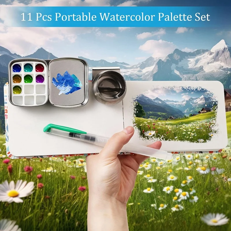 11 Piece Tin Box, 12 Empty Watercolor Palettes, Artist Brushes With Protective Case, Sketching Watercolor Kit