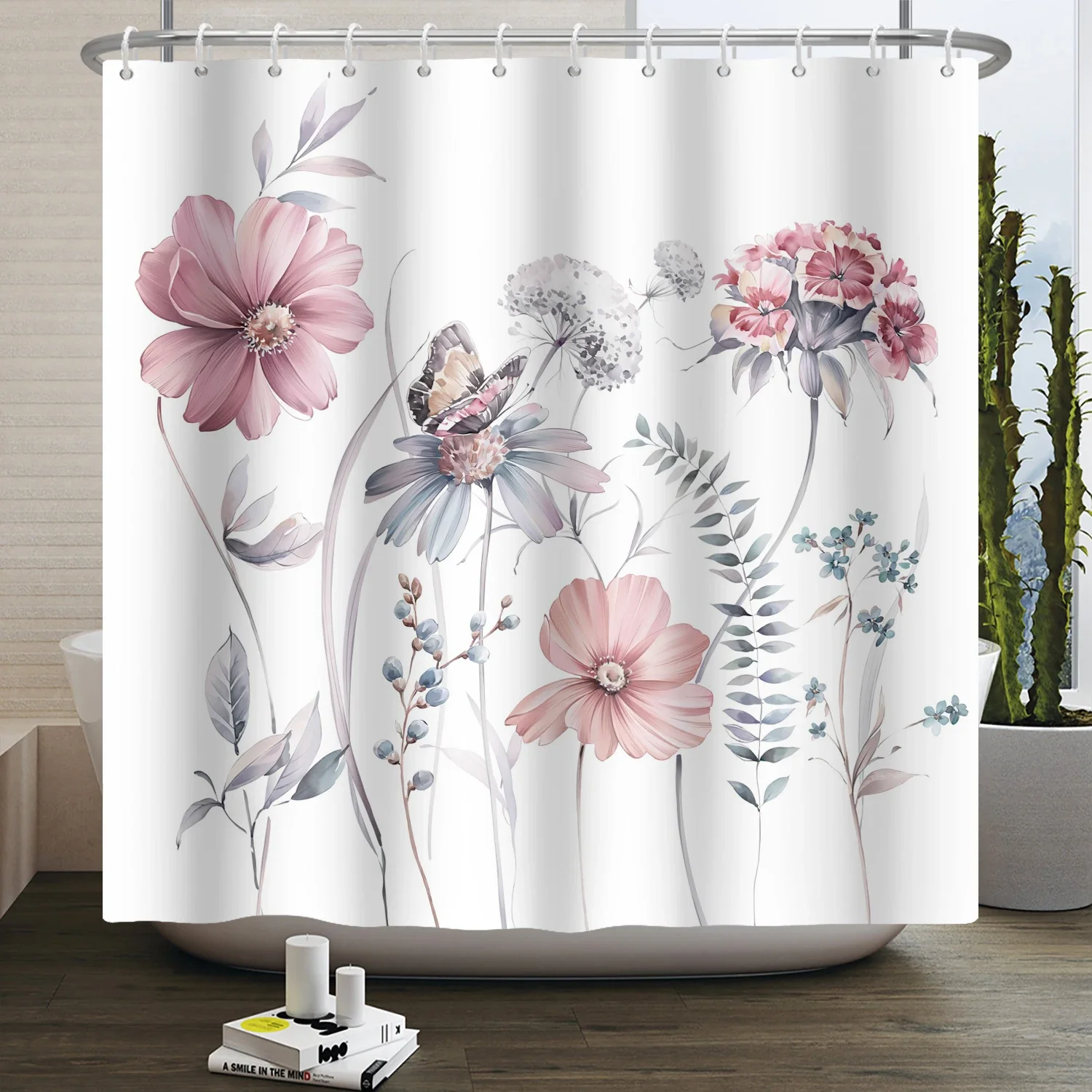 Watercolor Flowers Shower Curtain Pink Floral Plant Modern Minimalist White Waterproof Bathtub Bathroom Curtain Decor With Hooks