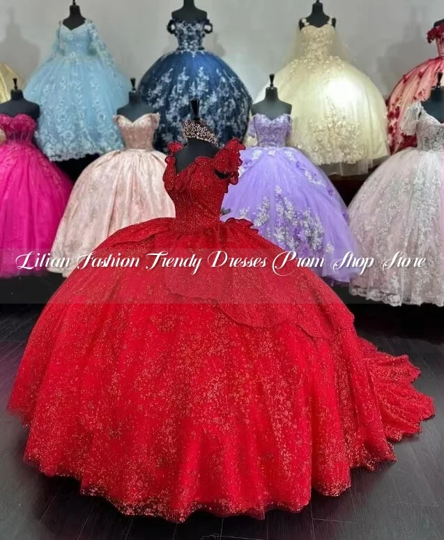 Sparkly Red Butterfly Princess Quinceanera Dresses Off Shoulder Gillter Applique Sequins Customised vestido de debutante 15 anos