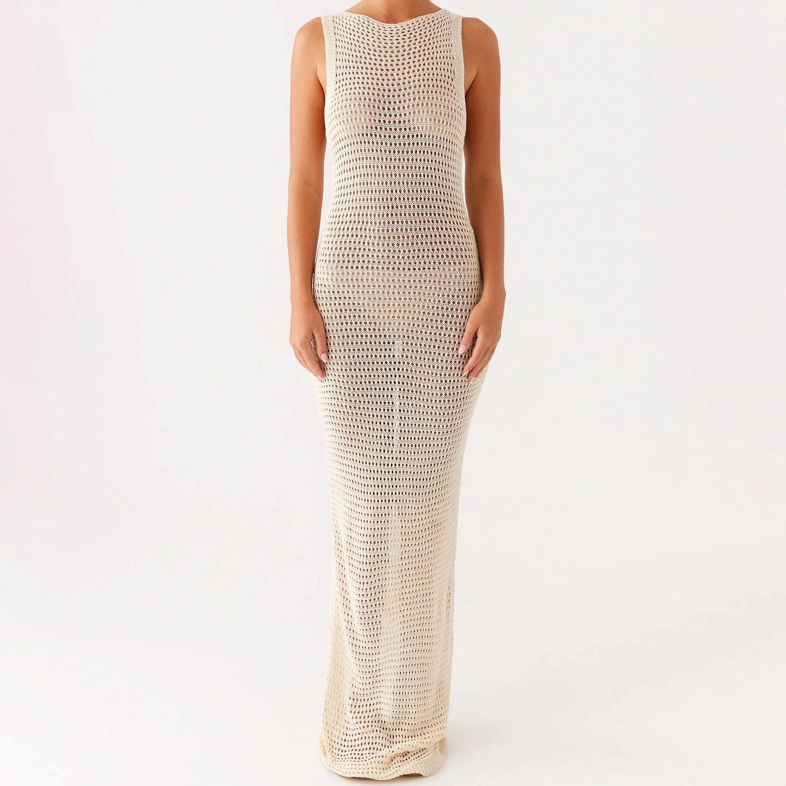女性ノースリーブかぎ針編みマキシドレスカジュアル夏カットアウト背中の開いたボディコンパーティーロングドレスホリデービーチクラブストリート