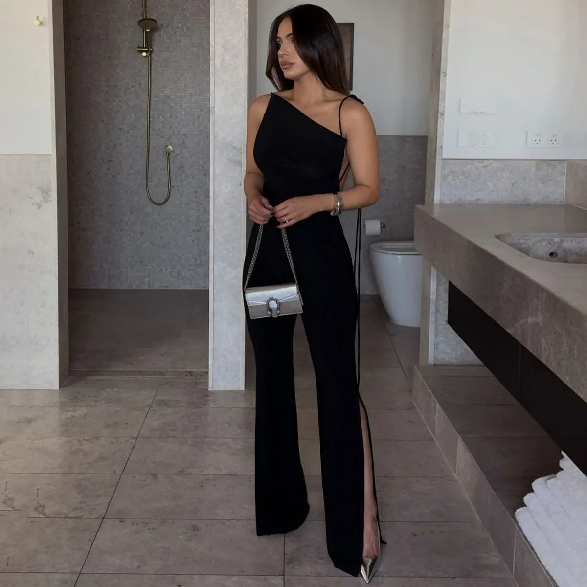 Lygens Solid Bodycon Asymmetrical Backless Slit Ruched 2024 Straight One Piece Jumpsuit Casual Streetwear Elegant Ladies Outfit