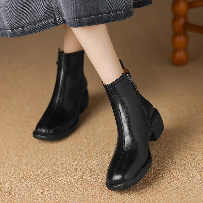 2024 New Winter Round Toe Women Boots Chunky Heel Women Shoes Retro Western Boots Ankle Boots Genuine Leather Chelsea