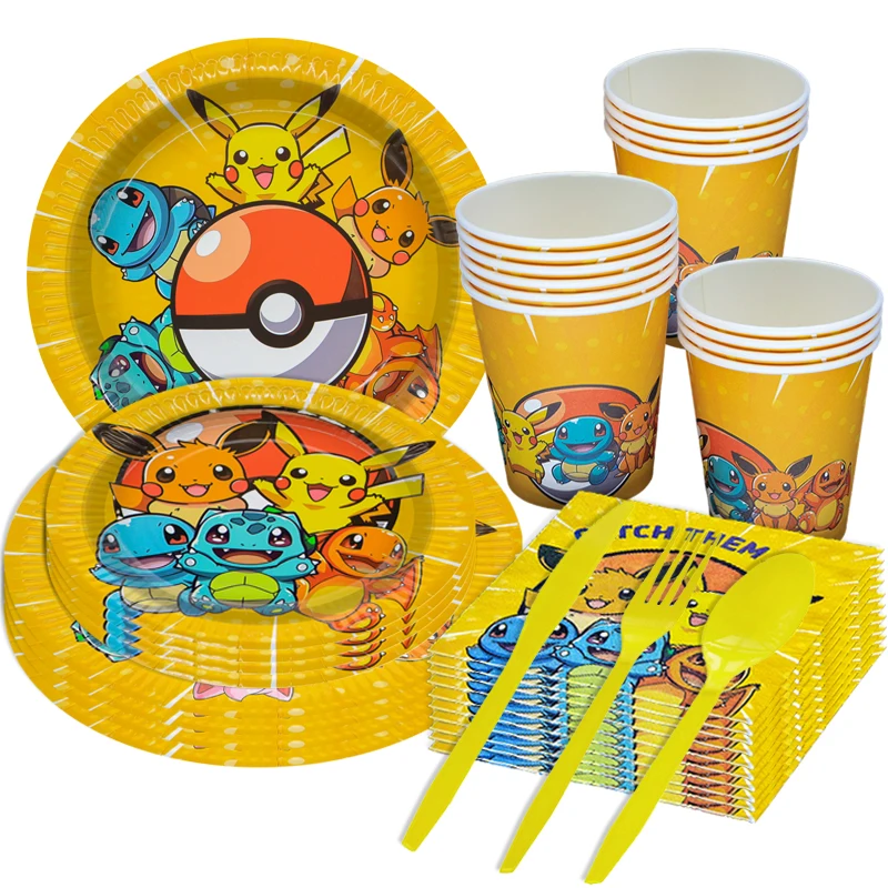 

Pikachu Birthday Decoration Pokemon Stickers Balloons Party Supplies Disposable Tableware Non-woven Fabric Tablecloth Cups Plate