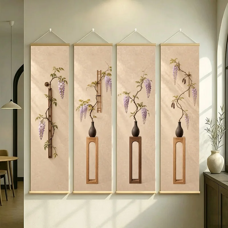 Wisteria Wall Art 4-Panel Purple Floral Vine Vase Hanging Scroll Set on Beige Silver Shimmer Canvas for Elegant Room Decor