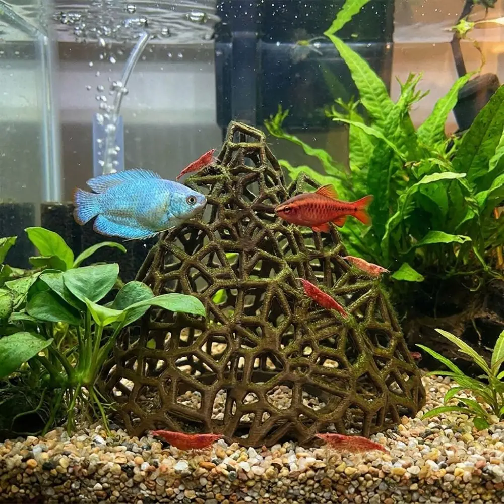 3D Printed Fish Shrimp Hideout Shelter Plastic Hollow Out Aquarium Cave Shelter Natural Look Grid Multi-level Fish Hidden House