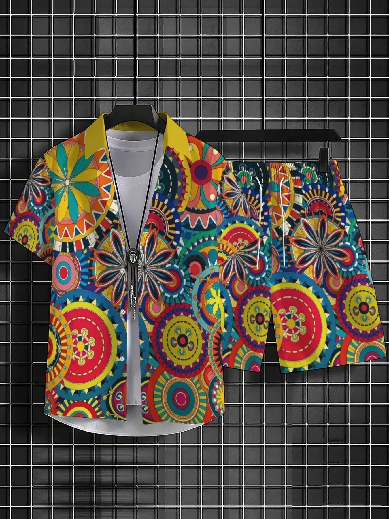 Colorful Boho Pattern Mens Matching Set Lapel Button Shirt Elastic Waist Shorts Summer Vacation Outfit