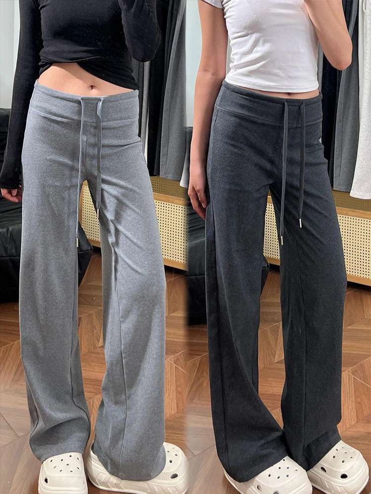 

Серые спортивные брюки с высокой талией и прямыми штанинами, женские весенние свободные широкие брюки на флисовой подкладке с эффектом похудения