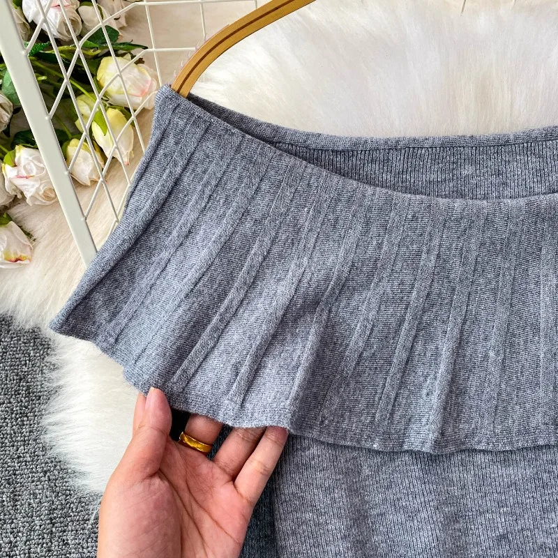 Fashion Grey Ruffled Off-shoulder Elegant Long-sleeved Knitted T-shirt Tops High Waist Slimming Skirt Women Two-piece Set Autumn