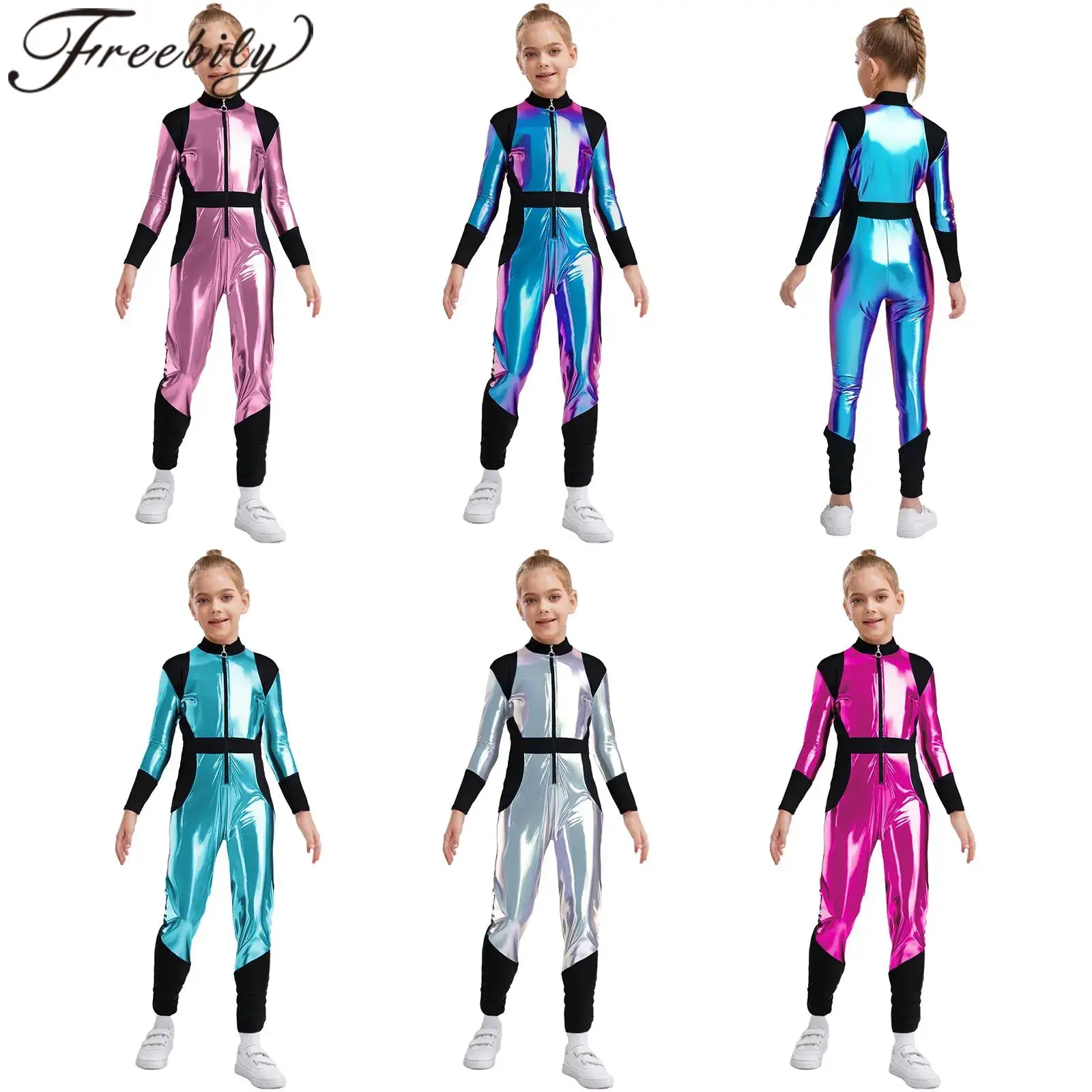 

Halloween Girl Silver Alien Metallic Robot Costume Carnival Galaxy Theme Party Outfit Shiny Long Jumpsuit Astronaut Fancy Dress