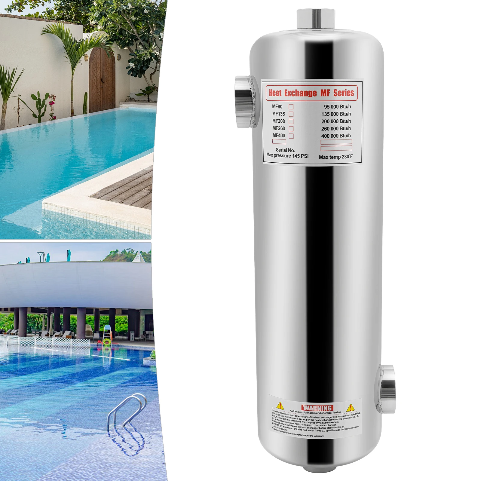 28/60KW Swimming Pool Heat Exchanger Stainless Steel Swimming Pool Heater Submersible Bucket Heater 292x134mm/485x134mm