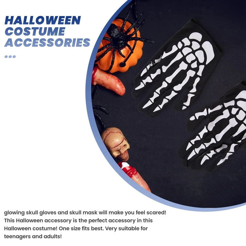 Halloween Mask Scary Skull Chin Mask Skeleton Ghost Gloves For Performances, Parties, Dress Up, Festivals (3 Pieces/Set)