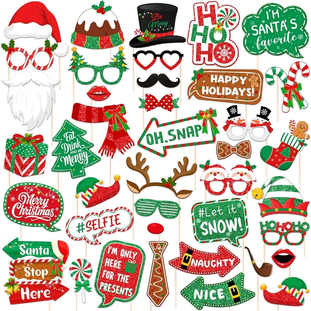 

40 шт. Рождественские реквизиты для фотосессии, сувениры для рождественской вечеринки, забавные праздничные аксессуары с Санта-Клаусом, пряничным человечком и снеговиком для фотосессий, рождественские украшения