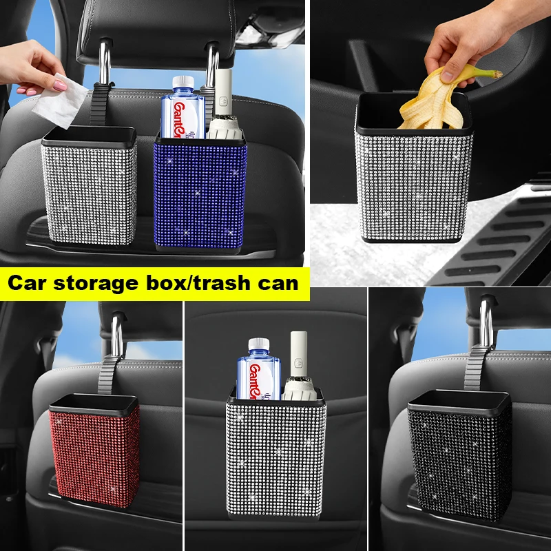 Seat Back Organizer Rhinestone Crystal Car Trash Can Hanging Seat Back Storage Bag  Garbage Bin Auto Interior Accessories