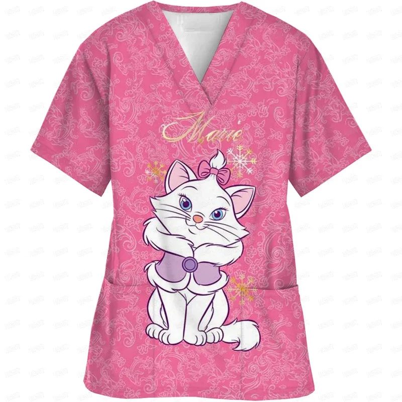 

Veterinary Dental Work Uniforms Disney Pet Mary Cat Print Short Sleeved Shirt Nursing Beauty Salon Clothing Women Scrub Cute