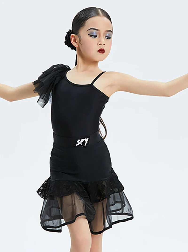 Kinder Meisjes Latin Dance Ruches Bodysuit En Mesh Grote Rok Zoom Ballroom Rumba Dancewear Training Chacha Performance Kostuums