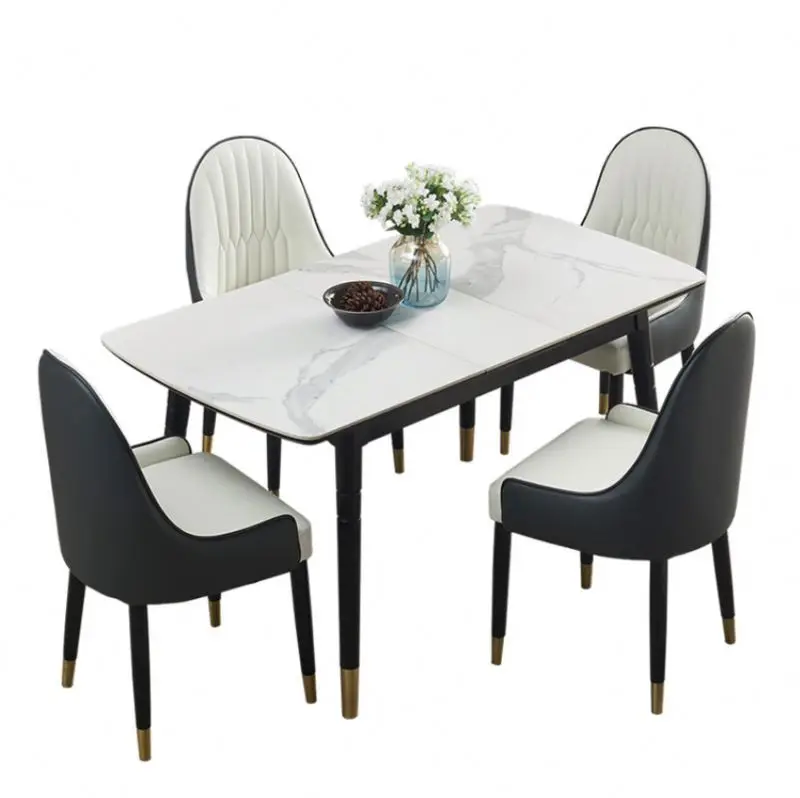 Hot style retractable marble dining table and chair dining room furniture adjustable length table and chairs set