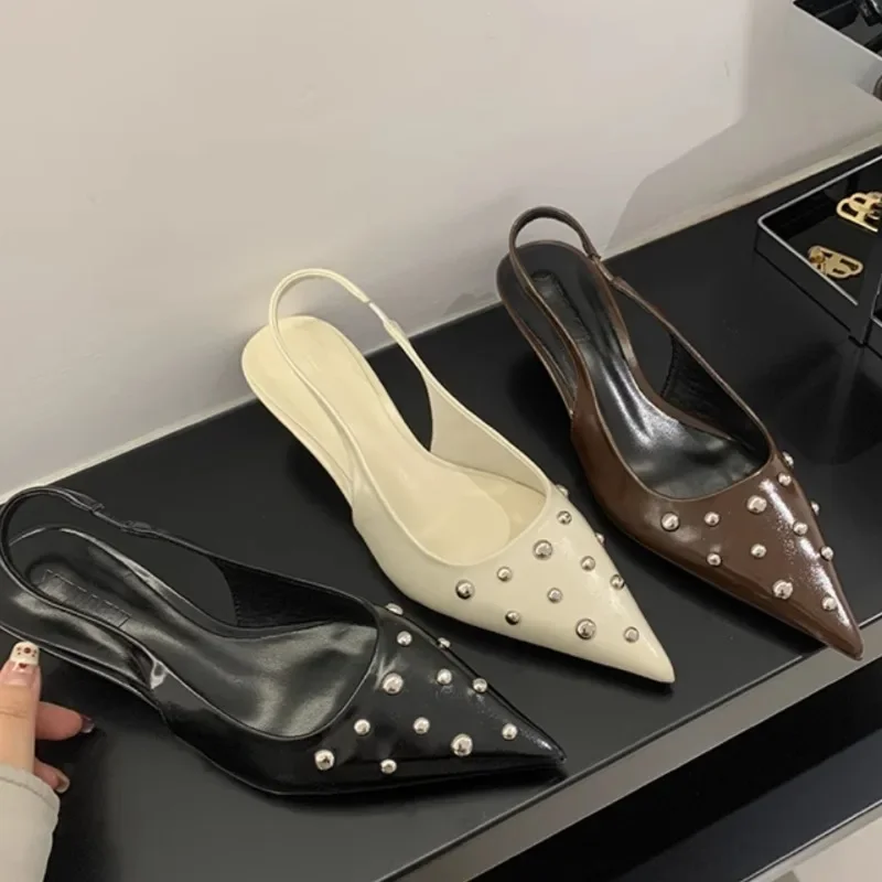 Women's Sandals 2025 Summer New Black Pointing Toe Thin High Heels for Women Fashion Sexy Breathable Rivet Casual Shoes