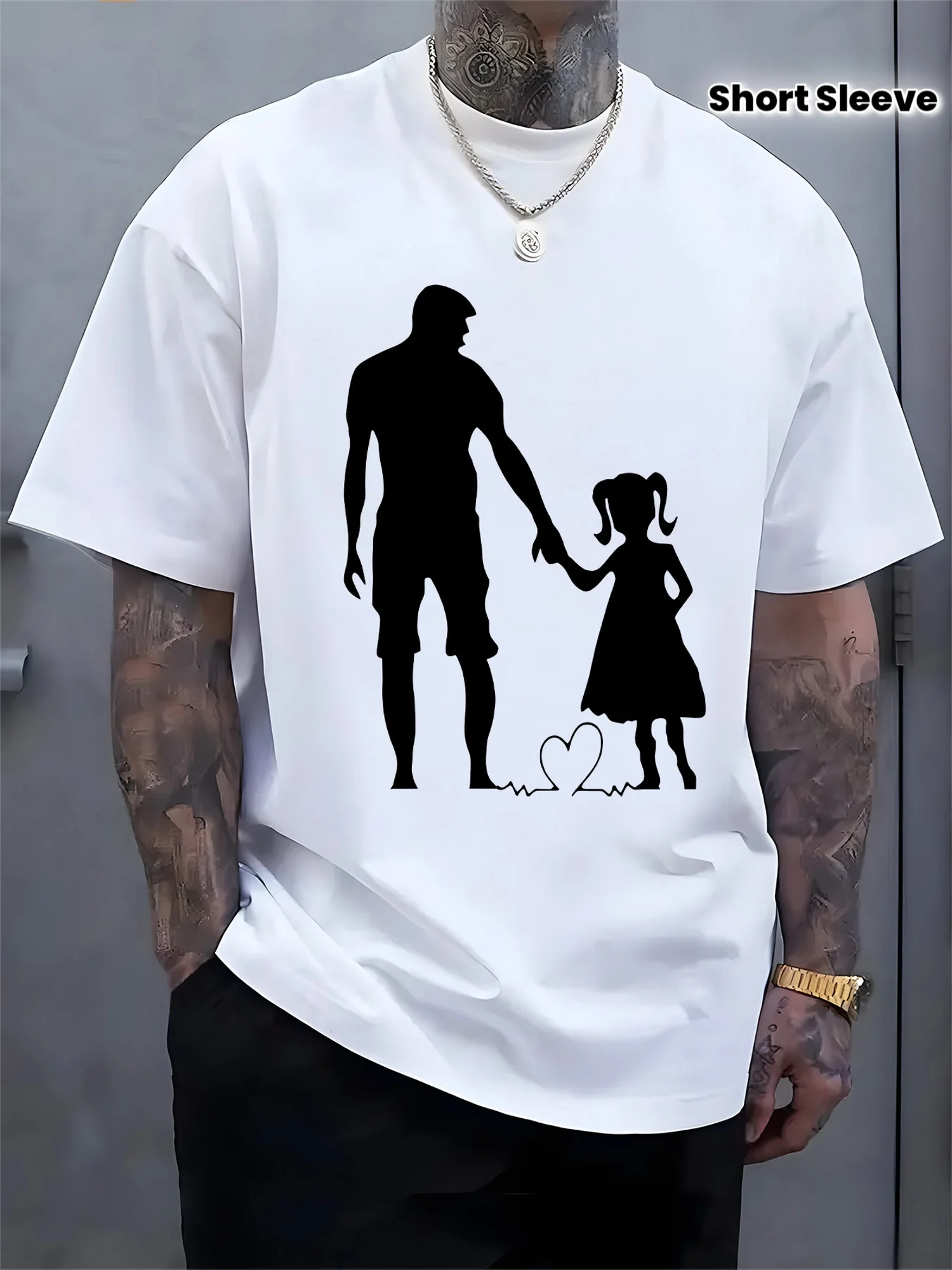 Father and Daughter Silhouette Print Men's Top, Casual Short Sleeve Crew Neck T-Shirt, Suitable for Summer and Spring, Men's Summer Outdoor Clothing