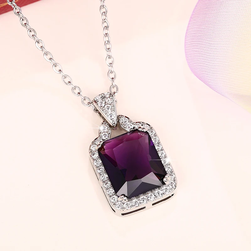 Huitan Newly Designed Purple Cubic Zirconia Necklace for Women Sparkling Accessories Temperament Elegant Female Wedding Jewelry