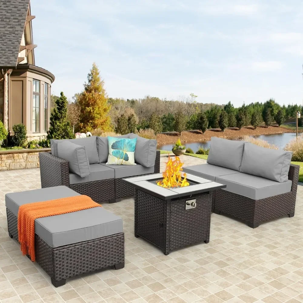 Outdoor Sofa Sets, with Propane Fire Pit Table, Non-Slip Cushions and Furniture Cover, Outdoor Garden Sofa Set