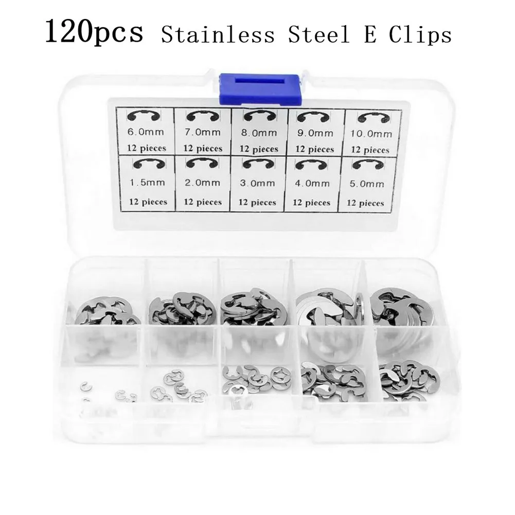 Assorted E Clips C Circlip Kit Stainless Steel W/ Storage Box 120pcs M1.5 - M10 Retaining Washers Lightweight Practical
