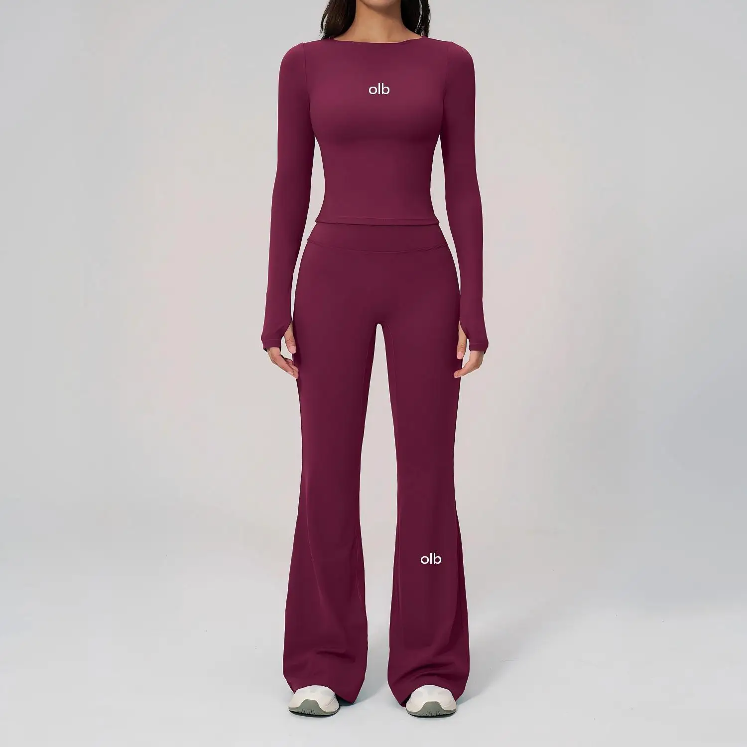 2-piece sports long sleeved pants set for women's outdoor sports and fitness, high waisted slim fit and hip lifting flared pants
