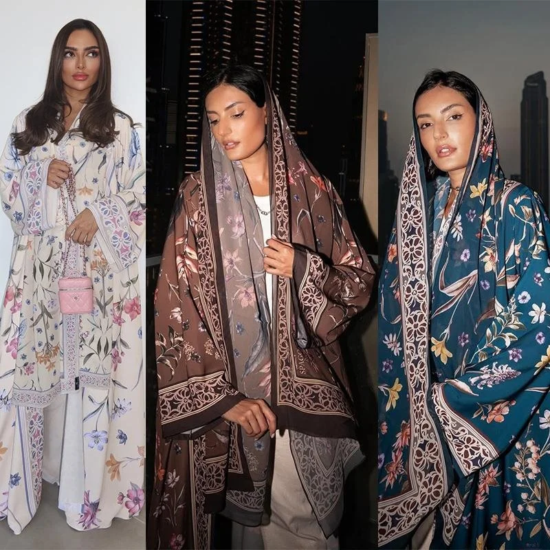 

Printed Cardigan Robe with Headscarf And Two Coats Women's Ethnic Sle Faionable Autumn Wear Traditional Stage Costume