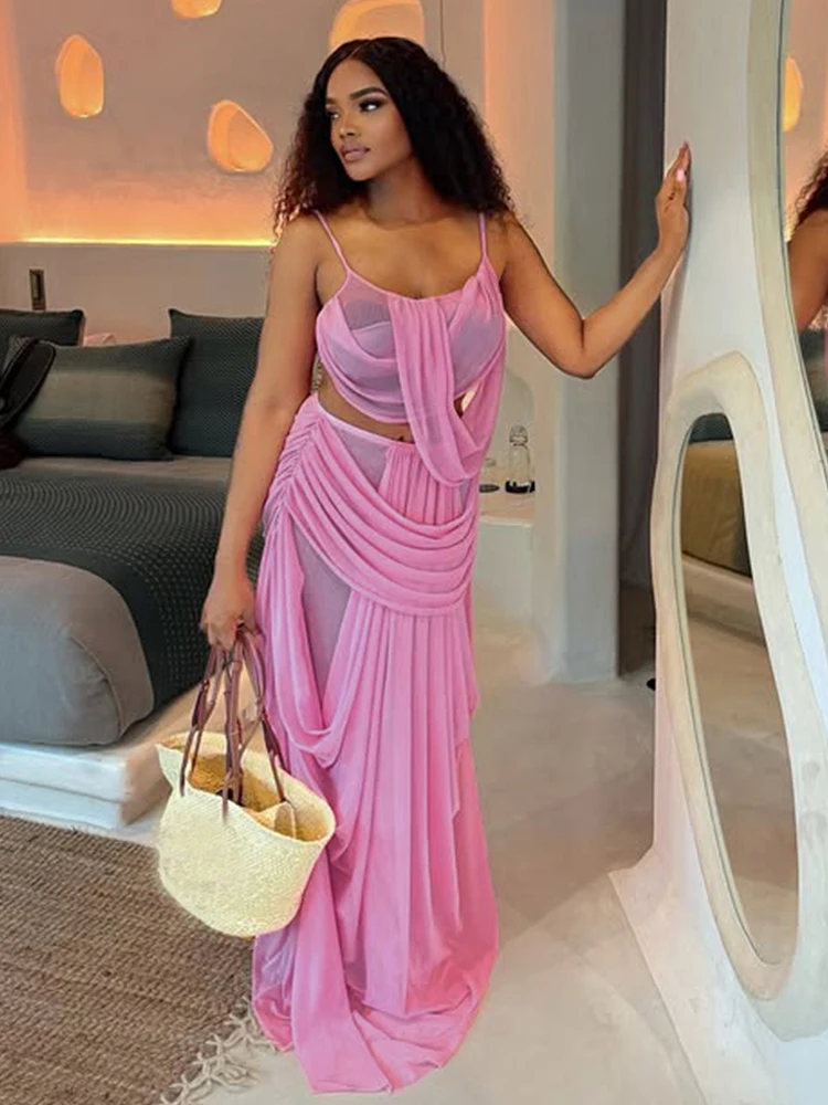 Weird Puss Irregular Mesh 2 Piece Set Women See Through Sexy Camisole+Ruched Patchwork Long Skirt Matching Club Vacation Outfits